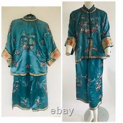 Vtg Chinois Qing Dynasty Déco Brodé Antique Robe Pyjama Lounge Set