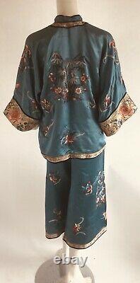 Vtg Chinois Qing Dynasty Déco Brodé Antique Robe Pyjama Lounge Set