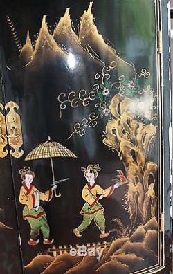 Vtg Oriental Chinese Furniture - Cabinet De Coin En Laque Noire Avec Motif De Dame