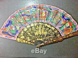 Xixe Siècle Chine Canton Chinois Cent Visages Lacquer Fan & Box